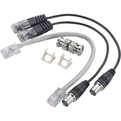 Three cables with different connectors: two RJ45 plugs and one BNC plug. Also two white, rectangular connectors.