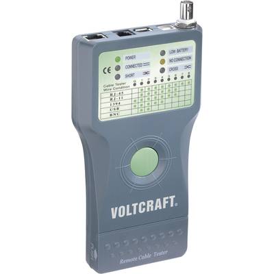 A grey cable testing device with LED indicators for 'Power', 'Connected', 'Short', 'Low Battery', 'No Connection', 'Cross'. Brand name 'VOLTCRAFT'.