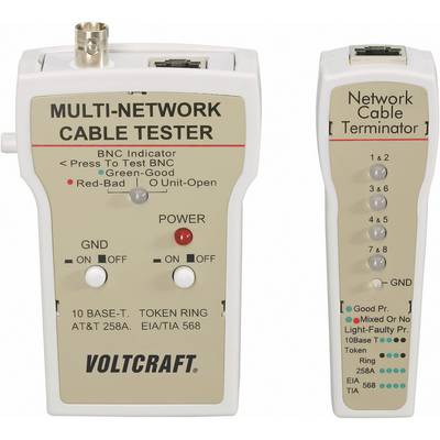 'MULTI-NETWORK CABLE TESTER': Device for checking network cables with BNC display and various test modes. Manufactured by 'VOLCRAFT'.