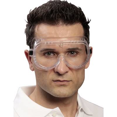 A man is wearing safety glasses. The glasses have clear plastic lenses and provide eye protection.