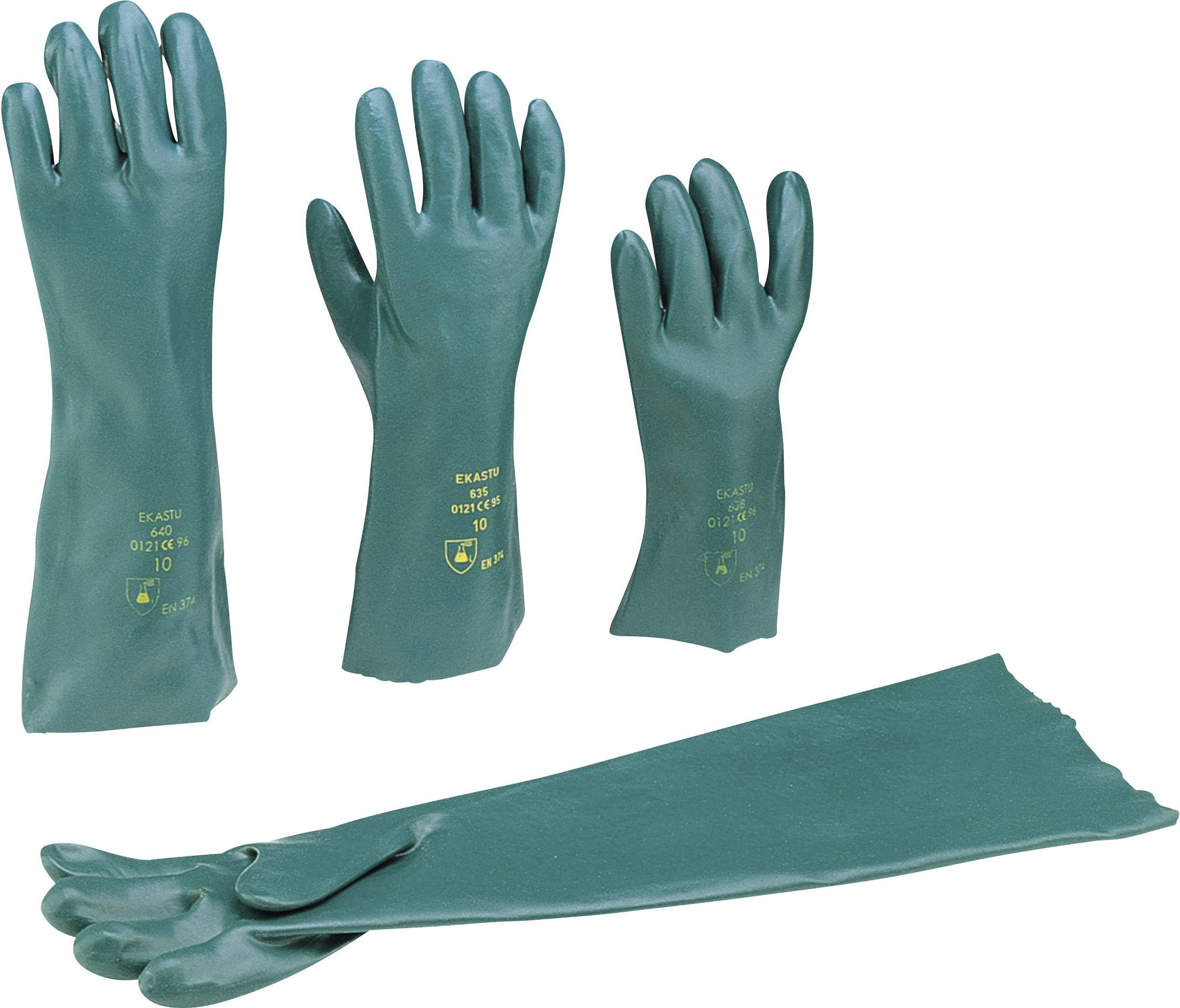 Three green rubber gloves in various sizes and a pair stacked. Provide protection during chemical work.