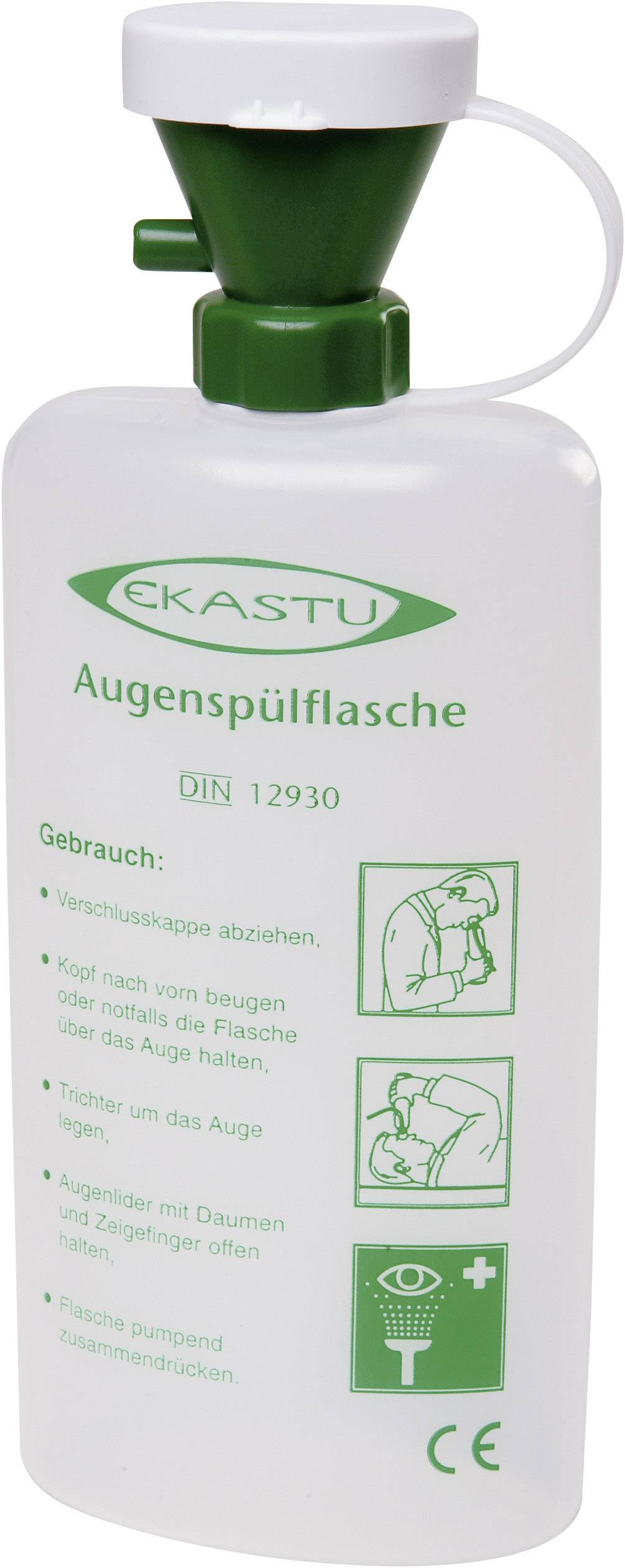 Eye Wash Bottle with Green Lid. Labelled: 'EKASTU Eye Wash Bottle DIN 12930'. Illustrated Instructions for Eye Irrigation.