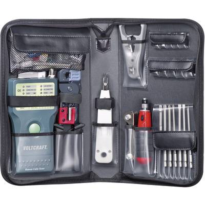 An electronic tool kit with cable tester, screwdrivers, wire cutters and additional accessories, neatly stored in a bag.