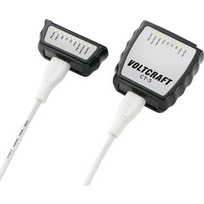 'Illustration of two VOLTCRAFT CT-3 electrical testing devices connected by a cable. LED indicators are illuminated on each device.'