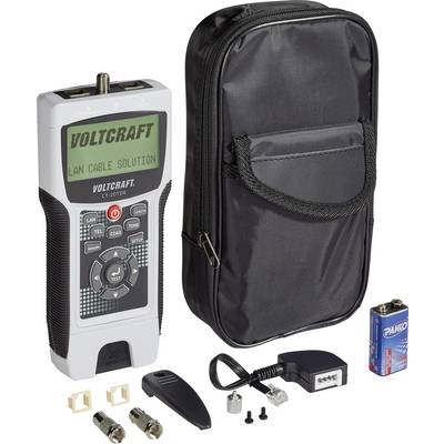 LAN Cable Tester Set with Accessories: Device, Carry Bag, Battery, Connector Adapter, Plugs, Screws and Wire Stripping Tool.