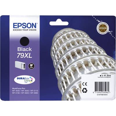 Packaging for an Epson 79XL ink cartridge, black colour. Depicts the Leaning Tower of Pisa, protects against fading.