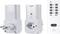Two white plug adapters and a remote control with buttons '1' to '4', 'ON', 'OFF'. Adapters suitable up to 2000W, 433MHz.