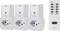 Three white wireless plug sockets with remote control displayed. Remote control has buttons '1-3', 'ON' and 'OFF', operates at 433 MHz.
