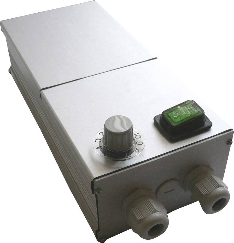 Silver rectangular device with a black rotary knob and a green on-off switch at the top. Contains two cable connections.