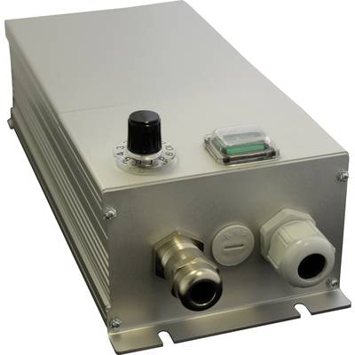 Electronic device in a rectangular housing with switches and connections on the top surface, likely a control unit.