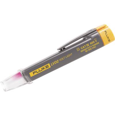 Electrical voltage tester with a yellow and grey casing, detecting voltages from 90-600 VAC. Marked with 'FLUKE LVD2 VOLT LIGHT'.