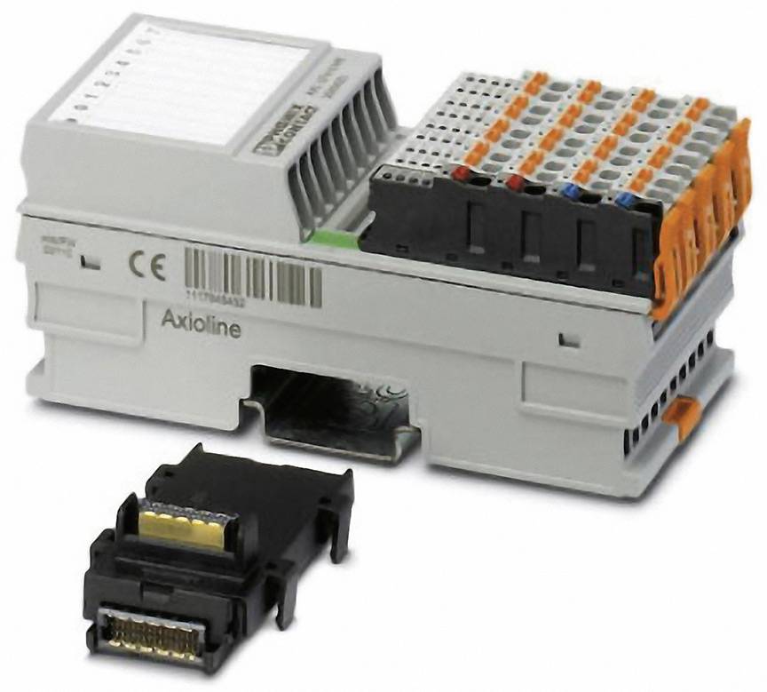An Axioline module with multiple connections, plug-in terminals and a separate connector piece, indicating industrial usage.