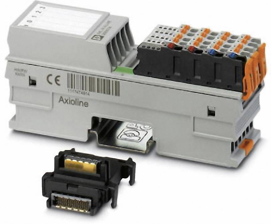 'AXL E RS UNI 1H' is a modular I/O extension module with multiple plug-in connections, suitable for automation applications.