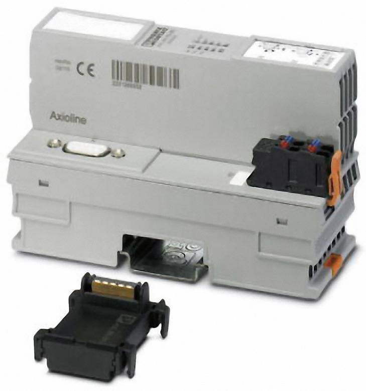 Industrial DIN rail-mounted device with connections and switches. A separate module is placed in front of it. Used for control systems.