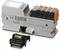 'A din rail device with multiple terminal blocks and a small black adapter positioned at the front.'