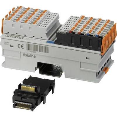 A digital Axioline module with multiple ports and labelling in the foreground. A connector lies beside it.