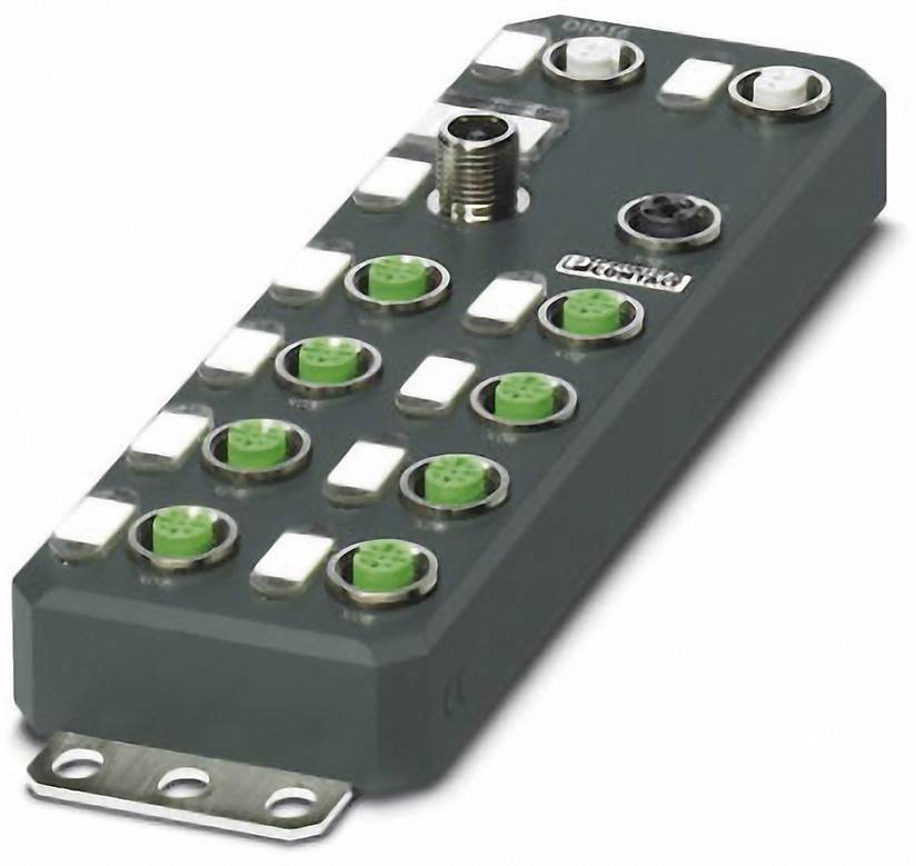 A rectangular electronic device with multiple green and black connection sockets, used for industrial applications.