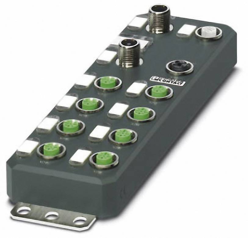 A multi-pole electrical connection block with multiple green and silver slots and two large black connections.