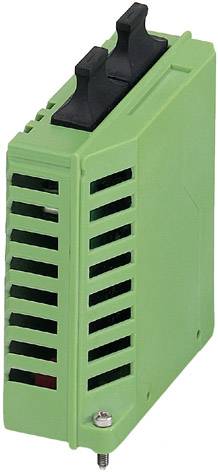 A green electric module with two black connectors on top, ventilated sides, and a screw at the bottom.