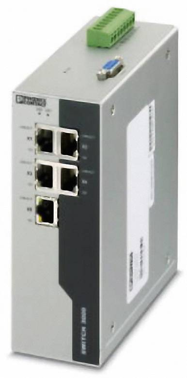Industrial switch device with multiple Ethernet ports, robust metal housing, suitable for industrial network connections.
