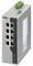 A grey-white network device with eight Ethernet ports and a green terminal block is situated on a white background.