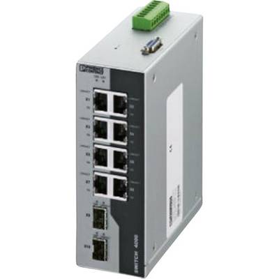 An industrial Ethernet switch with eight ports and two fibre optic connections. The enclosure is grey with green elements.