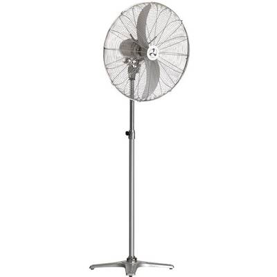 A large, silver pedestal fan with round protective grilles and an adjustable base.
