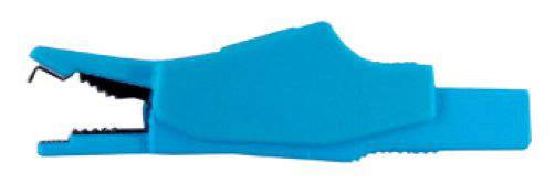 A blue crocodile clip, commonly used in electrical or electronic applications.
