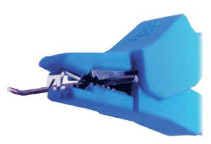 A blue wire stripper with metal blades, shown in an open position. Tool for removing cable insulation.