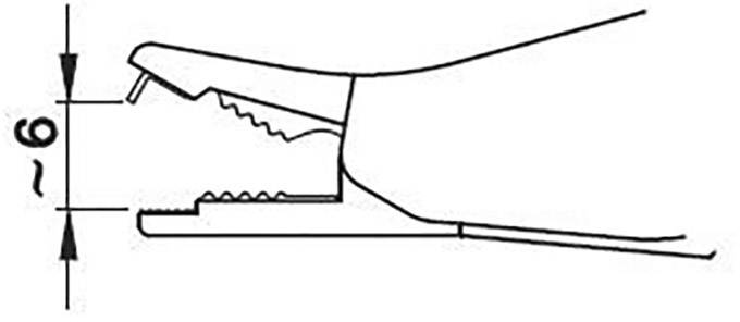 'Line drawing of a crocodile clip with a marked length of 6 units.'