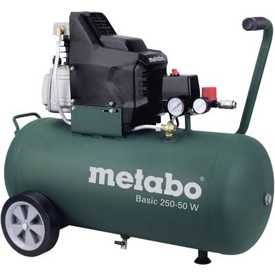 'Metabo Basic 250-50 W' Air Compressor, dark green, on wheels, with black motor, pressure gauges and red control knob.