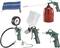 Air compressor accessory set, comprising a hose, pressure gauge, spray guns and containers, for compressed air production and cleaning.