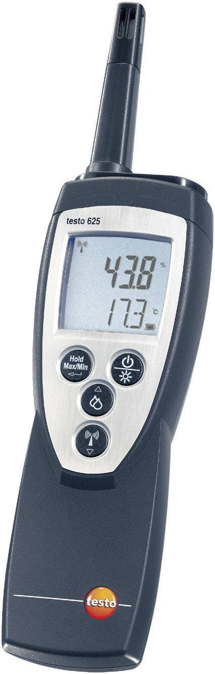 Digital measuring device for climate measurement, displaying a temperature of 17.3°C and relative humidity of 43.8% on a display.