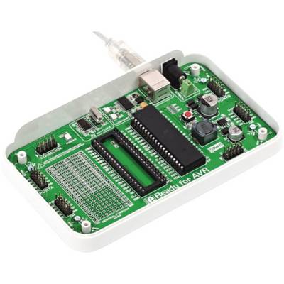 Electronic development board with microchips, connectors and other components used for microcontroller development.
