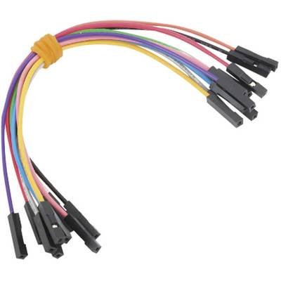 Multicoloured cables with black plugs at the ends, bundled together by an orange band, for electronic connections.