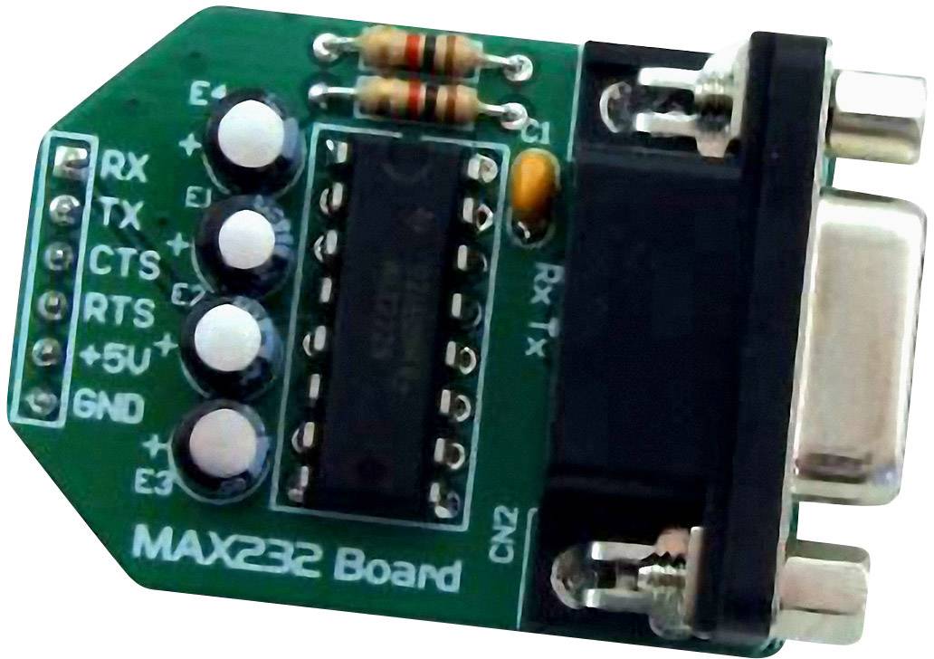 'MAX232 Board' on circuit board, showing connections for RX, TX, CTS, RTS, +5V and GND. Electronic components and serial interface.
