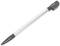 A black ballpoint pen with a silver barrel lies on a white background.