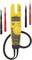 A yellow electrical measuring device shows '1000 AC' on the display. It is supplied with red and black test leads.