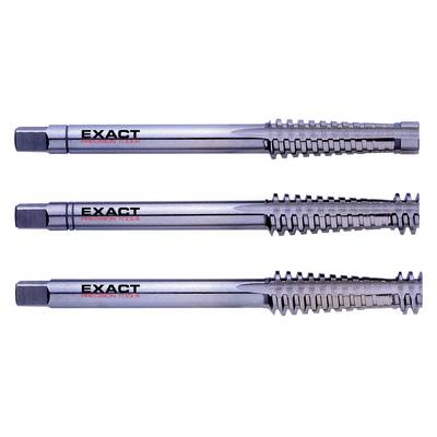 Three silver reaming tools from the brand 'Exact Precision Tools' lying side by side in different sizes.