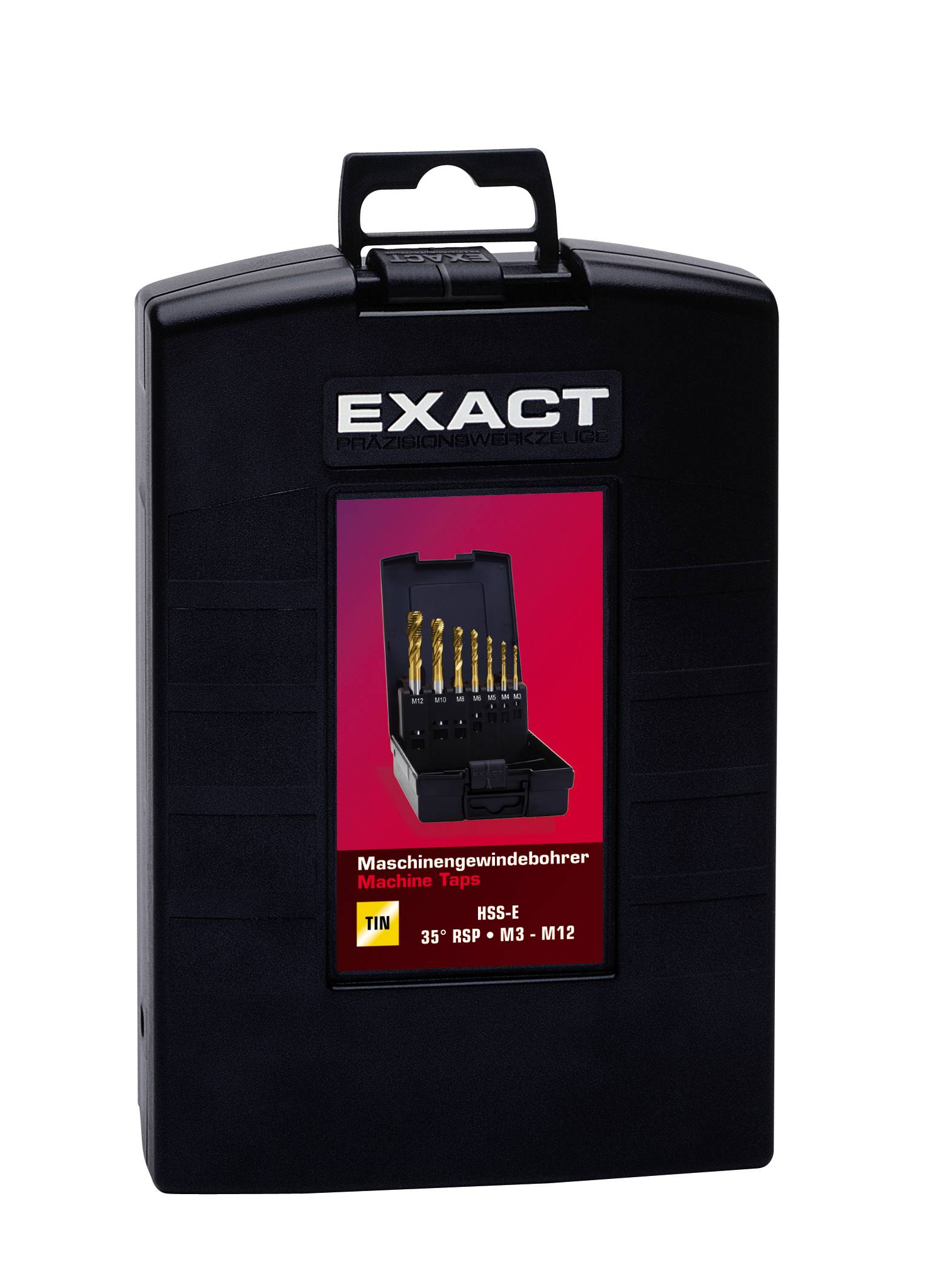 A black box with the print "EXACT" contains a set of machine cutting drills. The label shows a picture of the drills inside.