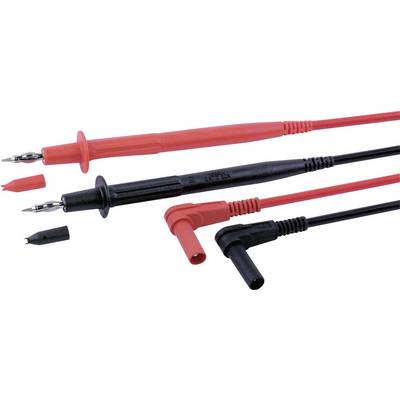 Red and black measuring leads with angled connectors and removable covers, used for electrical measuring instruments.