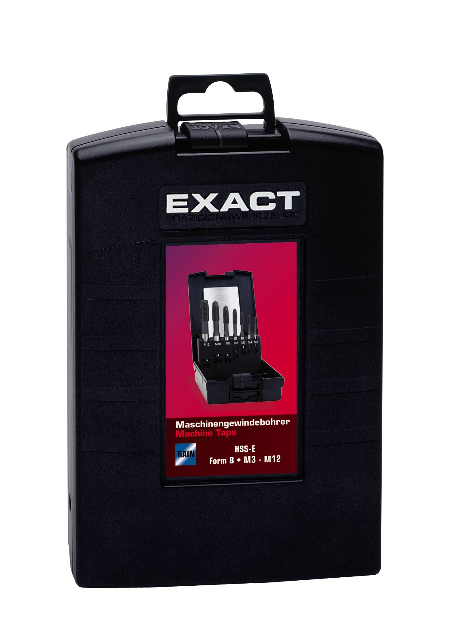 A black suitcase from 'Exact' contains machine tap drill bits, suitable for threads M3-M12, HSS-E Form B.