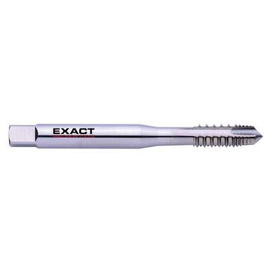 Metal cutting tool, silver with 'EXACT' marking, tap with rectangular shaft and spiral-used head.<br><br>Corrected translation to British English:<br>Metal cutting tool, silver with 'EXACT' marking, thread-cutting tap with rectangular shank and spiral-fluted head.