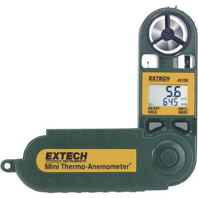 A green mini thermal anemometer displays wind speed of '5.6 m/s' and temperature of '64.5 °F' on its digital display.