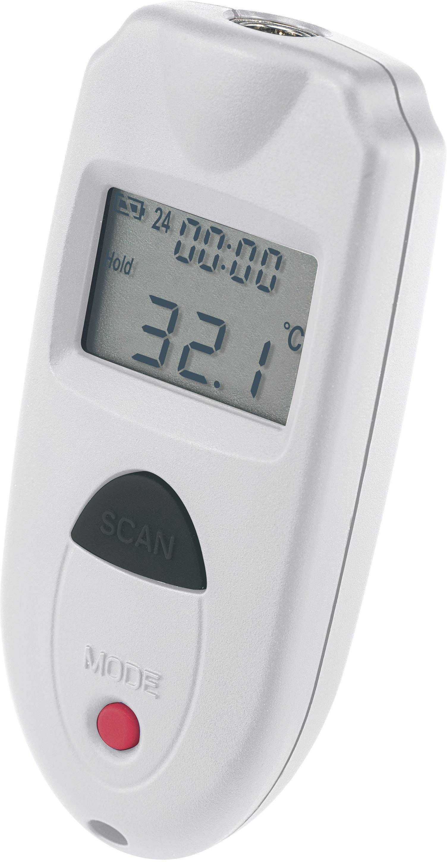 Digital thermometer displays '32.1 °C' on the screen, with 'SCAN' and 'MODE' buttons underneath. Device measures the temperature of an object.