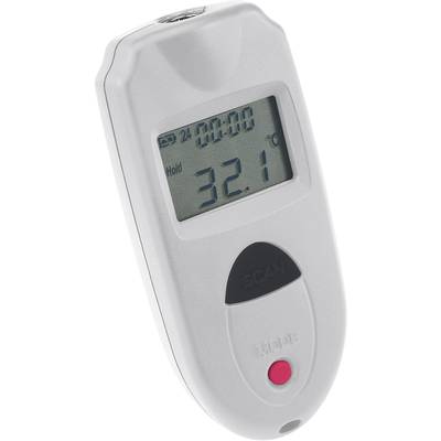 A digital thermometer displays a temperature of 32.1 °C on the screen. The device has buttons for 'Scan' and 'Mode'.