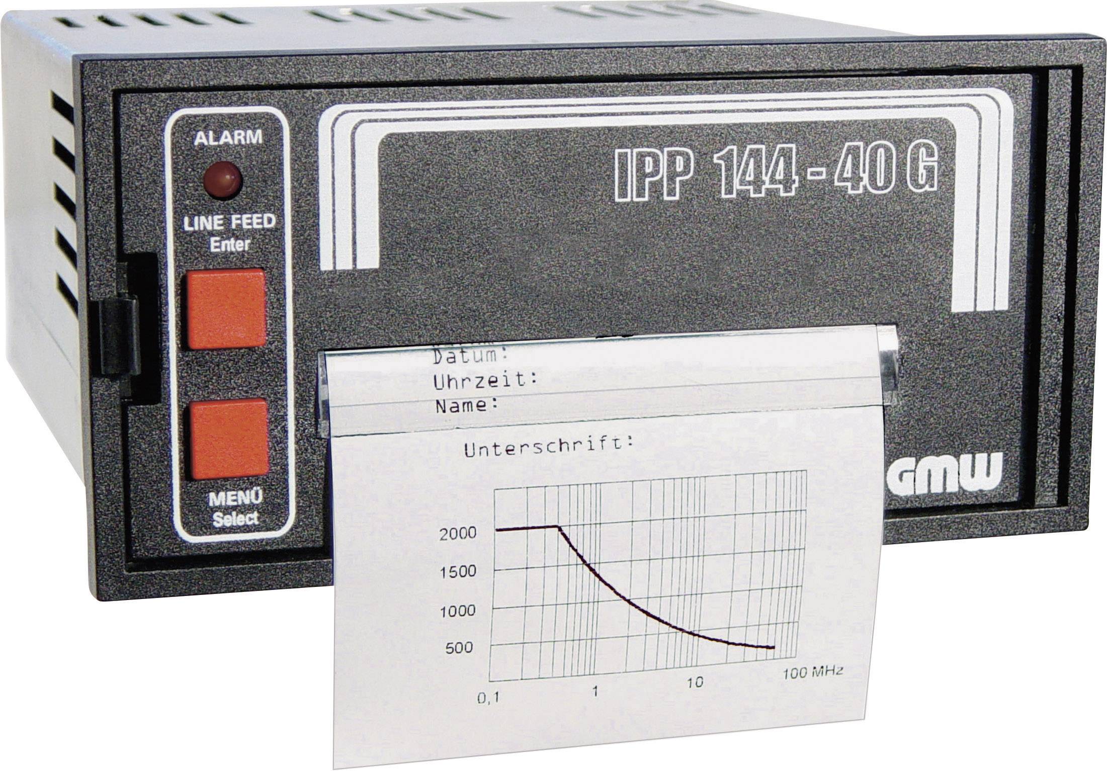 Electronic device with display shows paper strip with diagram. Two red buttons mark alarm and data feed.