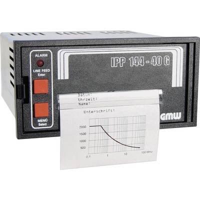 Electronic device with display shows paper strip with diagram. Two red buttons mark alarm and data feed.