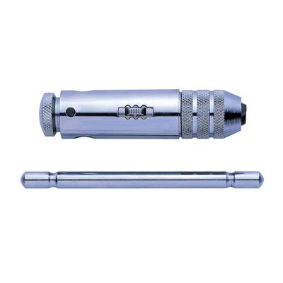 A metal drill with an interchangeable drill head and knurled handle lies horizontally. Beneath it is a precise, long drill bit.