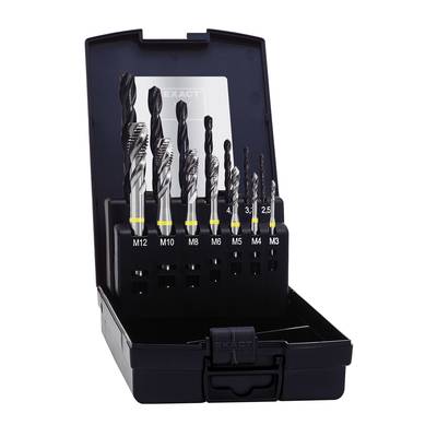 'Set of nine metal drill bits in an open black case, drill bits sorted by size, labelled from M3 to M12.'
